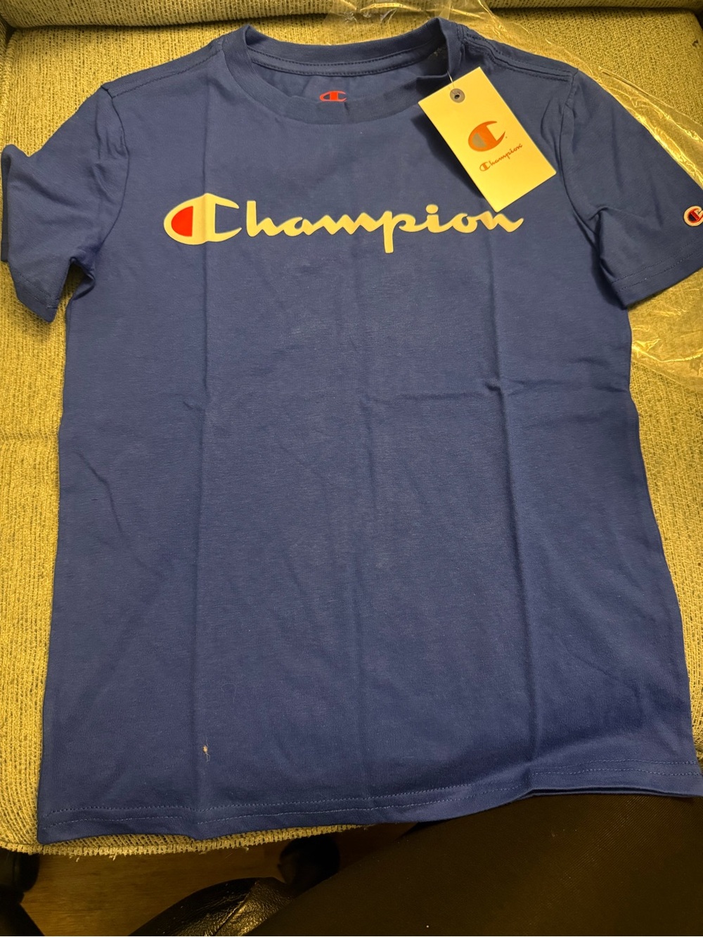Champion Kids Blue Tee with Cream Script Logo